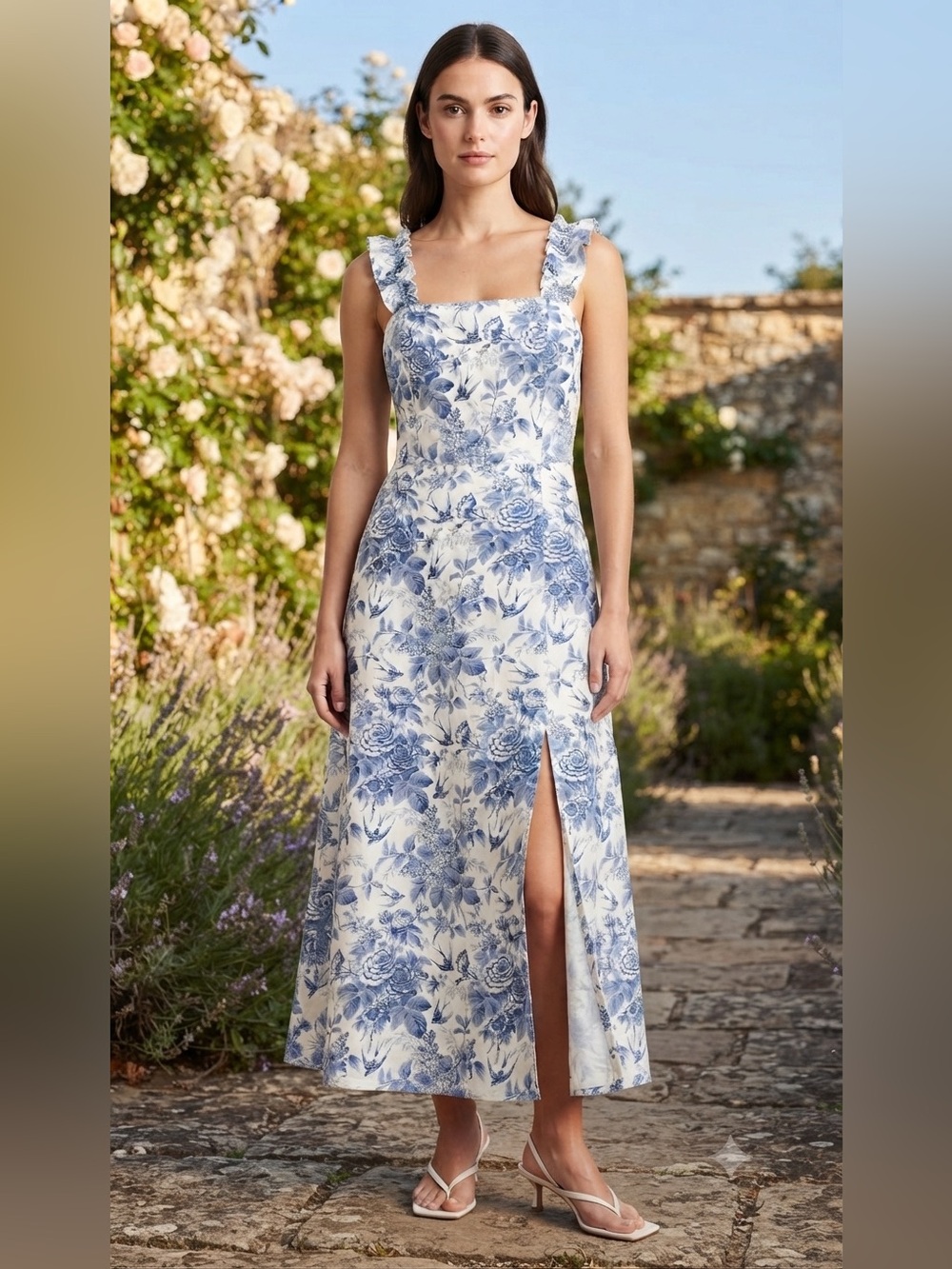 Reformation Blue & Cream Floral Square-Neck Linen Midi Sun Dress Romantic